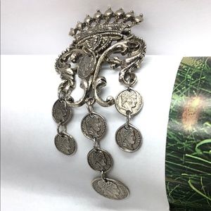 Vintage ART Florentine Gilt Coin Dangle pin Brooch